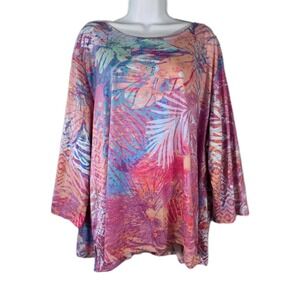 Allison Daley Shirt Women Plus 2X Pink Aqua Tropical Floral Rhinestone 3/4Sleeve